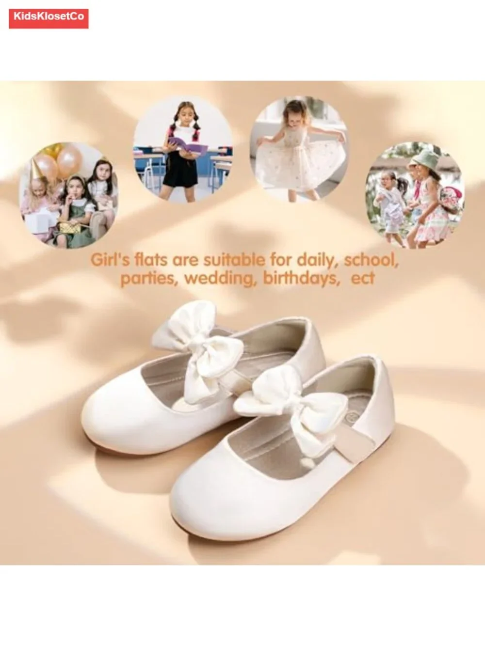 Toddler Girls Mary Jane Ballet Flats with Bow, Hook & Loop Closure, Non-Slip